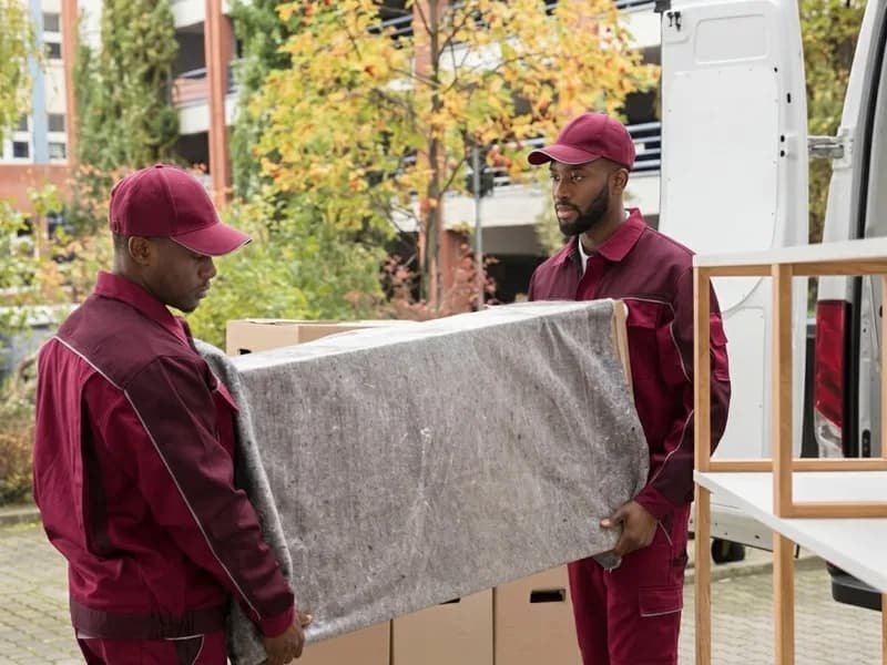 Korlun Logistics movers carrying a wrapped piece of furniture to a moving van