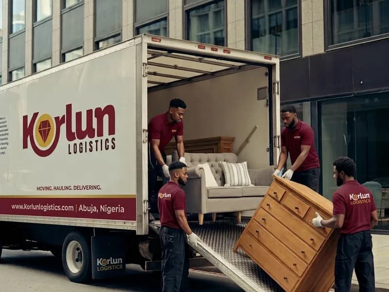 Korlun Logistics crew unloading furniture from a delivery truck on a city street