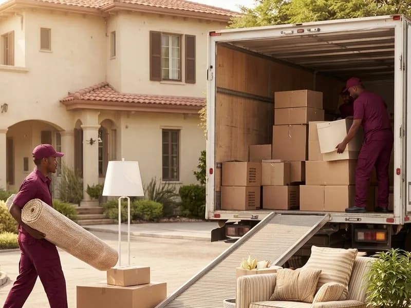Korlun Logistics crew loading household furniture into a moving truck outside a home