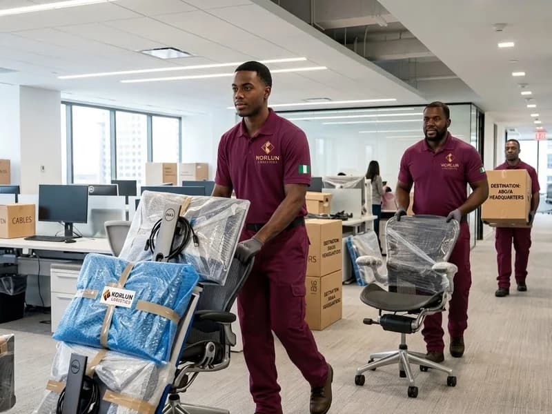 Korlun Logistics crew wheeling office chairs and equipment through a workplace