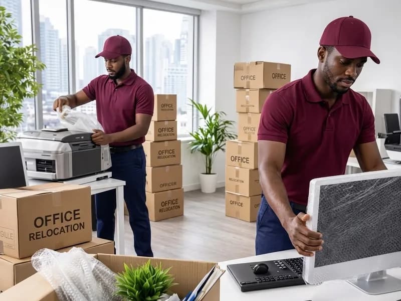 Korlun Logistics crew carefully wrapping and packing office equipment